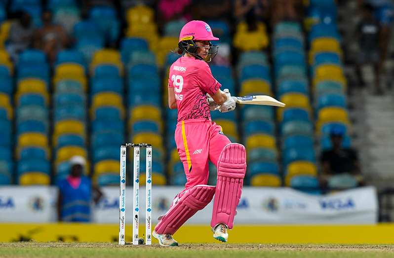 Erin Burns of Barbados Royals hits 4 during the Women's 2023 Massy Caribbean Premier League match 3 between Guyana Amazon Warriors and Barbados Royals at Kensington Oval on September 3, 2023 in Bridgetown, Barbados. (Photo by Randy Brooks/CPL T20 via Getty Images)