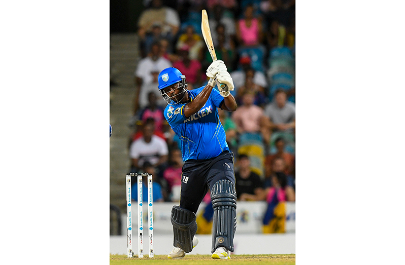 Johnson Charles of Saint Lucia Kings hits 4 during the Men's 2023 Republic Bank Caribbean Premier League match 16 between Barbados Royals and Saint Lucia Kings at Kensington Oval on September 2, 2023 in Bridgetown, Barbados. (Photo by Randy Brooks/CPL T20 via Getty Images)