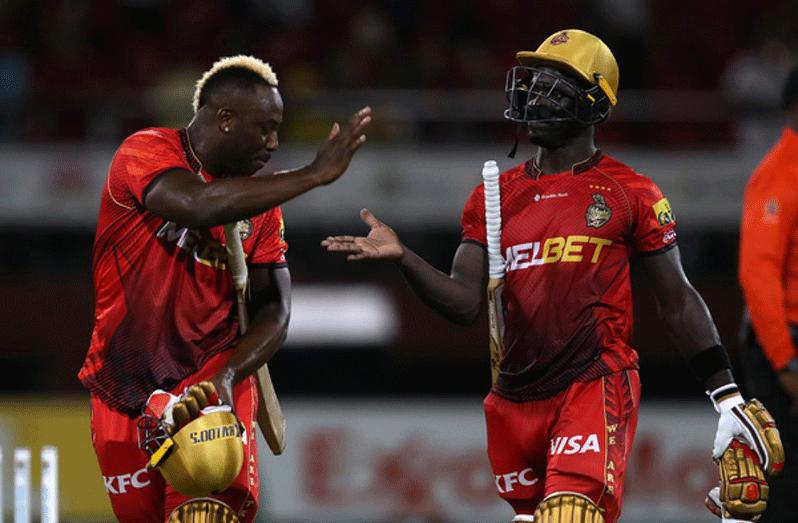 KR batters celebrate their team’s victory at the Providence Stadium last night (Cpl T20 photo)