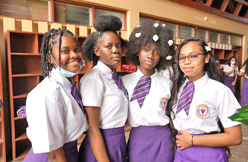 President’s College students ‘rocking’ their desired hairstyles on International Women’s Day 2022 (Ministry of Education photo)