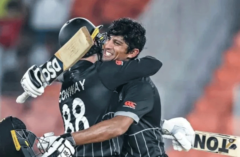 Devon Conway ended 152 not out and Rachin Ravindra unbeaten on 123 as the pair combined for a sensational 273-run partnership -- the fourth-highest in men's World Cup history (Photo: Getty Images)