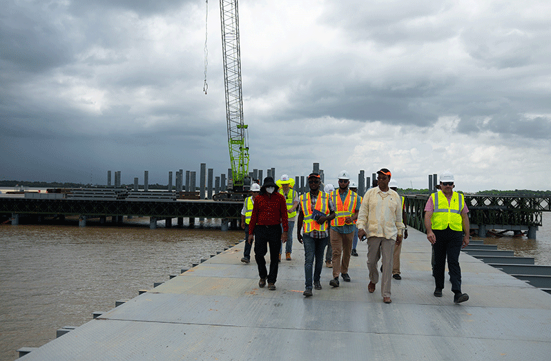 : Minister of Public Works, Bishop Juan Edghill, on his site visit with the team working on the New Harbour Bridge (Delano Williams photo)