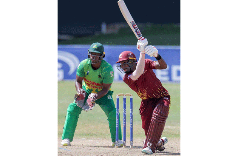 Justin Greaves hits through the off-side during his maiden List A hundred against Windward Islands Volcanoes on Tuesday. (Photo courtesy CWI Media)