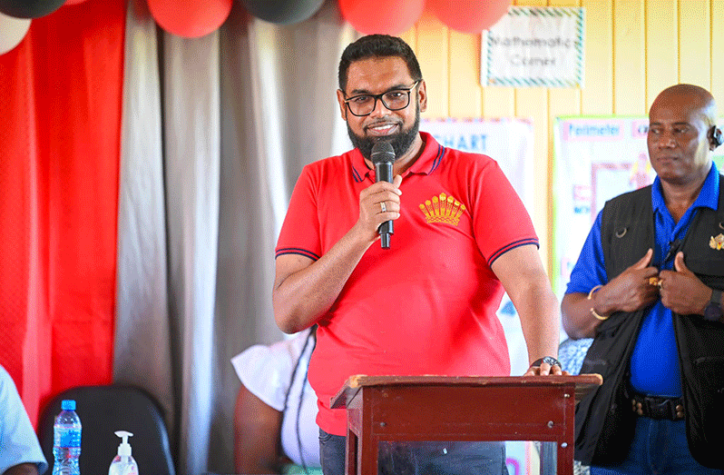 President Dr Irfaan Ali addresses residents of Baracara (Office of the President photo)