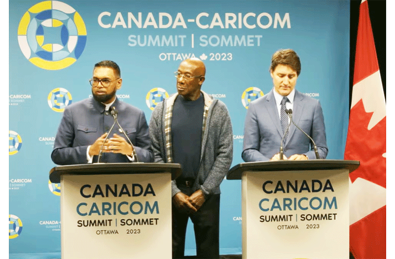President, Dr Irfaan Ali (left), Canada’s Prime Minister Justin Trudeau (right) and Prime Minister of Trinidad and Tobago, Dr Keith Rowley during the closing conference of the Canada-CARICOM summit