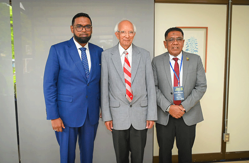 President Dr. Irfaan Ali, World Food Prize Laureate Dr Rattan Lal, and Agriculture Minister Zulfikar Mustapha (Office of the President photo)