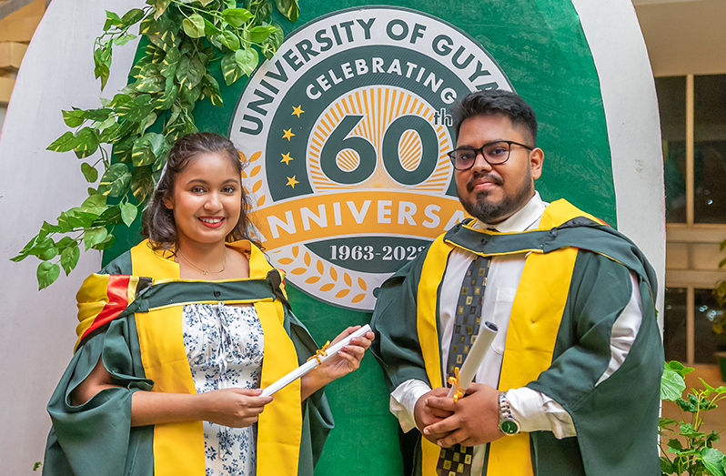 Congratulations to the Editor-in-Chief (ag) of the Guyana Chronicle, Navendra Seoraj
and his fiancée, Anjeli Surujpaul, who both graduated from the University of Guyana
with a Bachelor of Social Sciences Degree in Economics (Delano Williams photo)