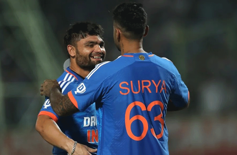 Rinku Singh is congratulated by Suryakumar Yadav after taking India home  •  Pankaj Nangia/Getty Images