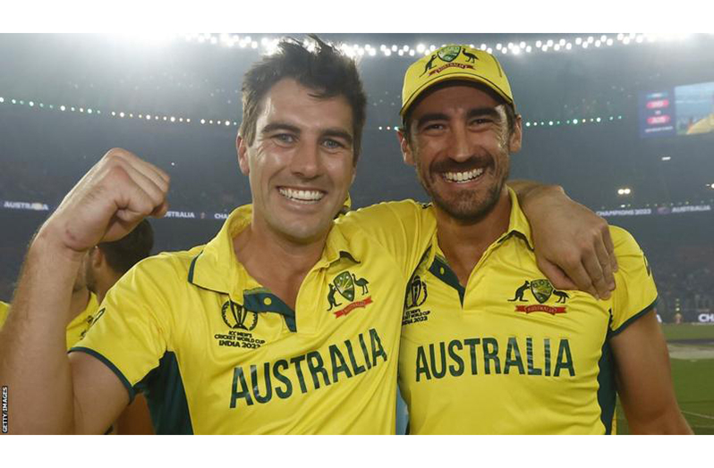 Mitchell Starc (right) and Pat Cummins (left) were part of Australia's 50-over World Cup win last month and also won the 2021 T20 World Cup.