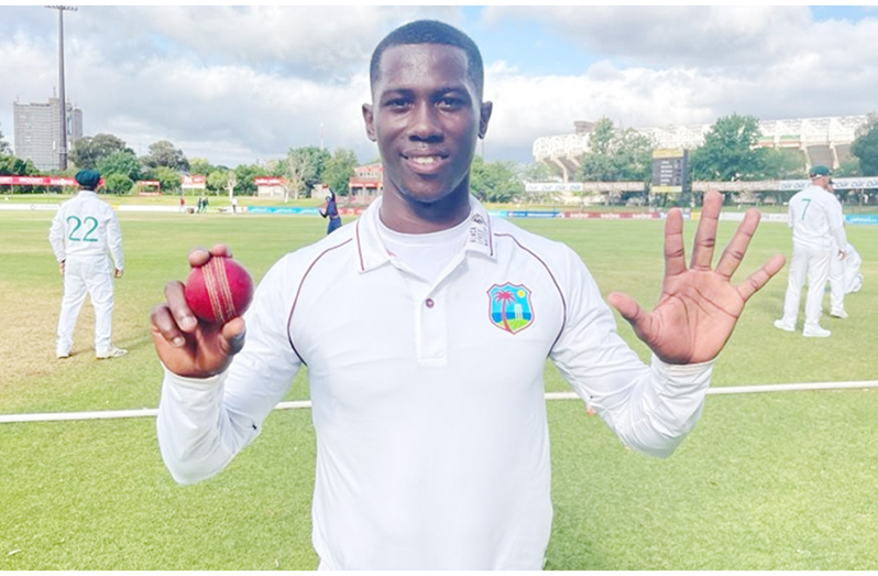 Fast bowler Shamar Joseph celebrates his five-wicket haul against South Africa-A on Thursday. (Photo courtesy CWI Media)