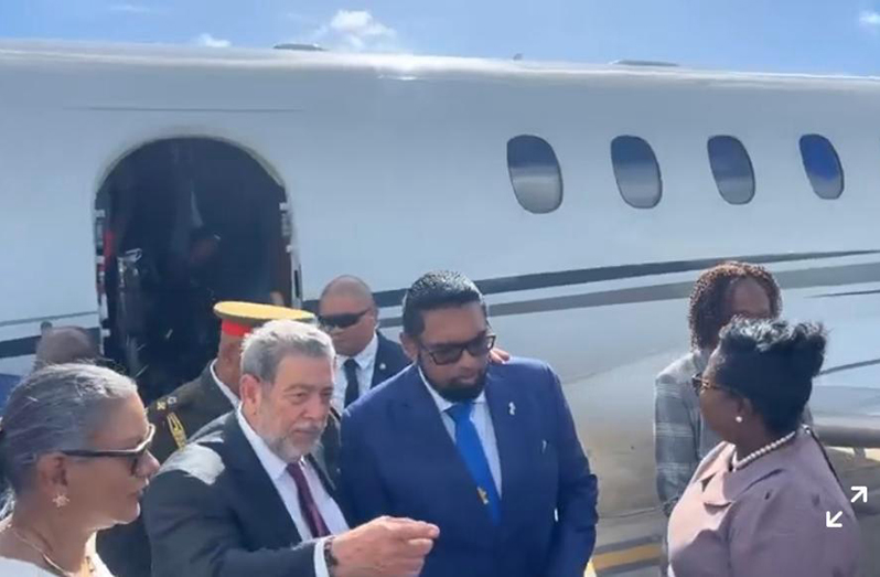 President Dr. Irfaan Ali arrives at the Argyle International Airport and is welcomed by Prime Minister of St. Vincent Ralph Gonsalves