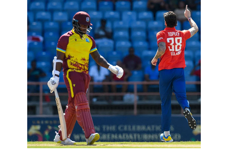 Reece Topley removes Kyle Mayers for a duck in the 3rd T20I•Dec 16, 2023•Getty Images