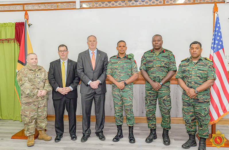 Chief-Of-Staff of the Guyana Defence Force Brigadier Omar Khan welcomed US Deputy Assistant Secretary of Defense for the Western Hemisphere, Mr. Daniel Erikson, and Mr. Amon Killeen from the Western Hemisphere Office of the Under Secretary of Defense for a courtesy call and meeting at Defence Headquarters on Monday, January 8, 2024