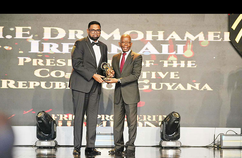 President Dr. Irfaan Ali, on Friday, was bestowed with the Global Africa Leadership Award in Ghana for his strong and transformational leadership since assuming the presidential office in 2020 here (Office of the President photo)