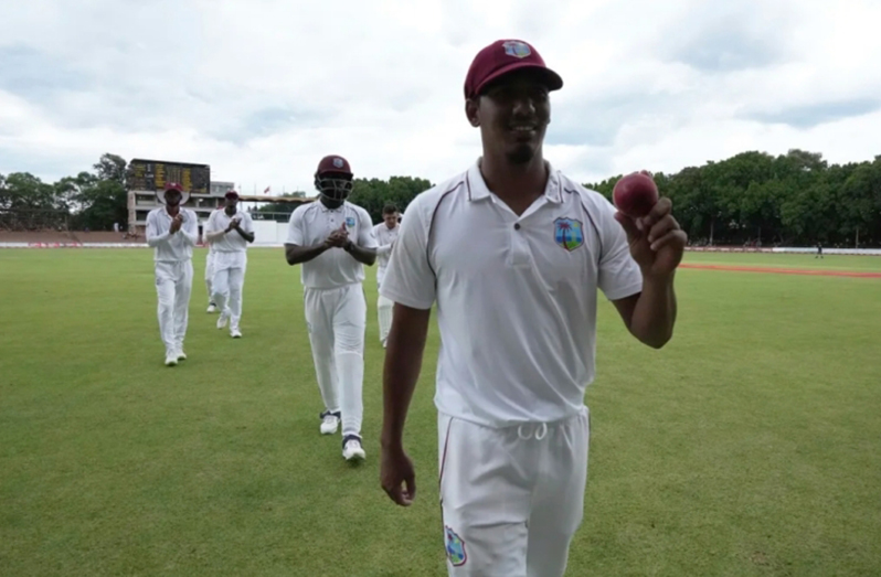 Gudakesh Motie walking off the field after taking 7-37 against Zimbabwe in February