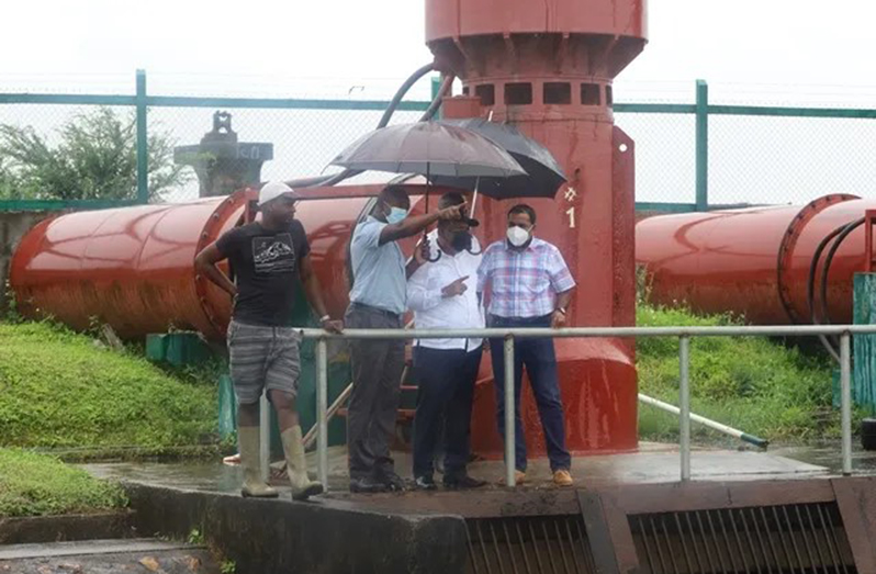 Minister of Agriculture, Zulfikar Mustapha (centre) and other officials during a visit to the Liliendaal pumping station