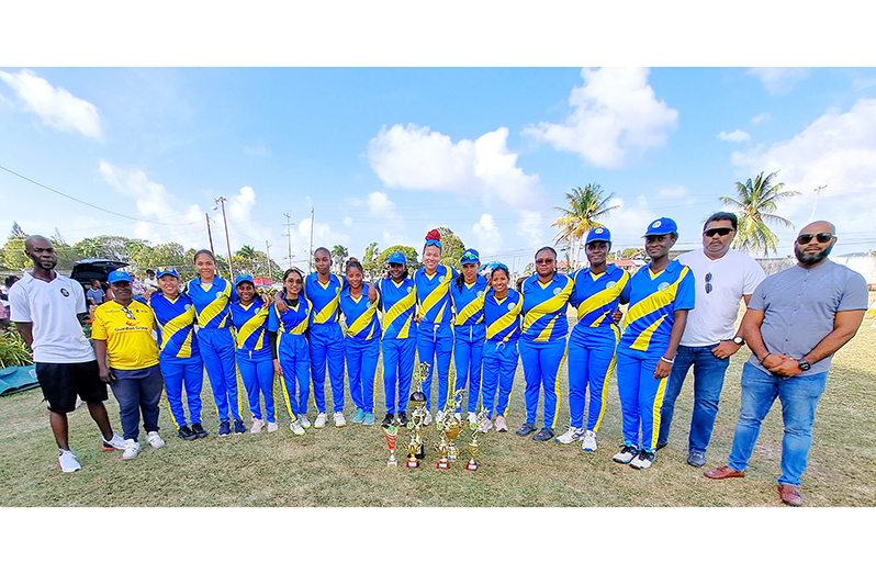 Champions Demerara with GCB officials Anil Beharry and Anthony DeAnrade after they beat Berbice yesterday.