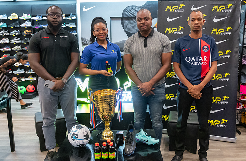 L-R: Orange Dainty of TechPro, Denita Prowell of Ansa McAl, organiser Edison Jefford and MVP Sports’ Selvin Apple at the launch of the ‘Mash’ Cup Street Football tournament (Delano Williams photo)