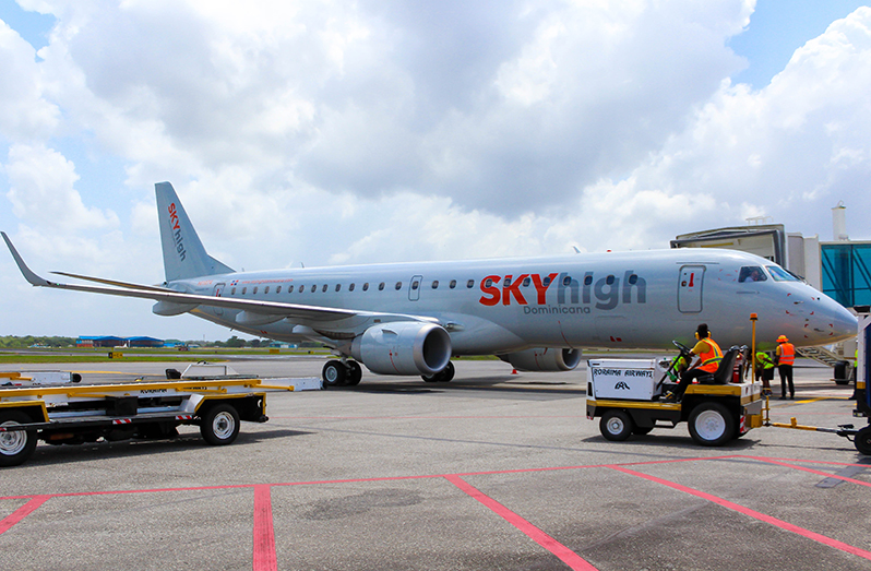 The Sky High Dominicana aircraft as it landed at the Cheddi Jagan International Airport on Sunday (Shaniece Bamfield photos)