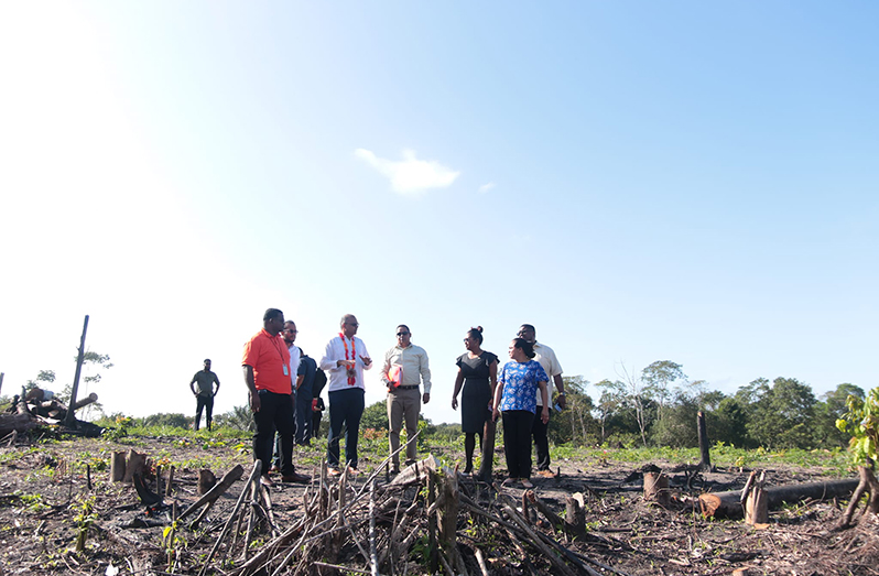 (Fifth from right) Minister of Health, Dr Frank Anthony, flanked by other officials during his visit to the site at 3 Miles Moruca, Region One where the modern hospital will be built