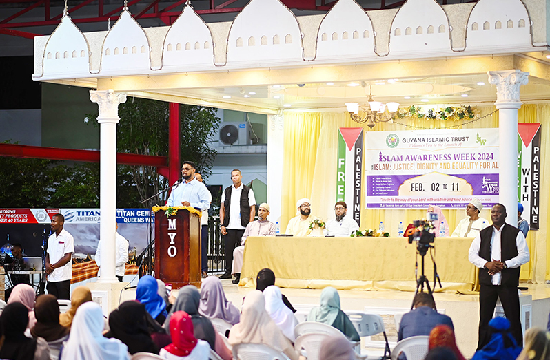 President, Dr Irfaan Ali addresses the audience during the launch of Islam Awareness Week (DPI photo)