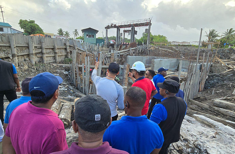 President Ali inspects construction works on the Canal Number Two Polder pump station on the West Bank of Demerara (OP photos)