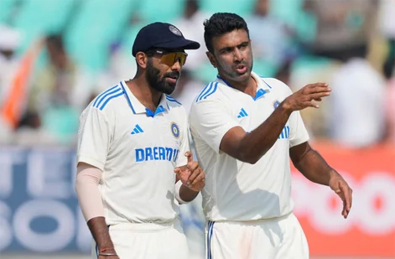 R. Ashwin (at Right) took nine wickets in his 100th Test against England in Dharamsala (BCCI photo)