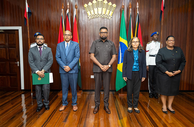 President Dr Irfaan Ali, on Wednesday, accepted the Letter of Credence from Ambassador Extraordinary and Plenipotentiary of the Federative Republic of Brazil, Maria De Castro Martins