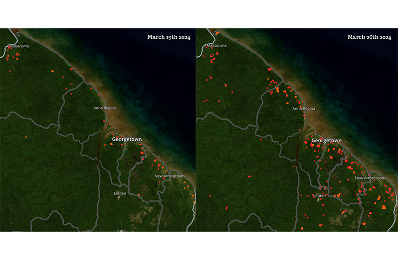 Comparative map showing heat signatures reported on March 19 and March 26