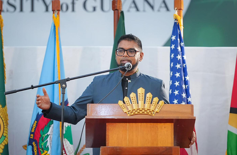 President Dr. Irfaan Ali speaks at an education and security stakeholders award ceremony at the University of Guyana