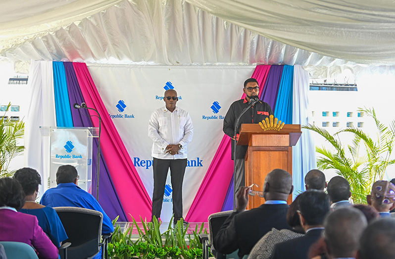 President Dr. Irfaan Ali speaking at the official opening of the $1.2 billion Republic Bank Williamsburg Branch