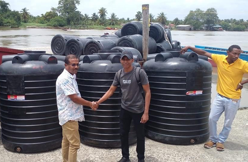 Region Two’s Regional Vice-Chairman, Humace Oodit, recently distributed black tanks to hinterland communities that are unable to access fresh water due to the current El Niño conditions