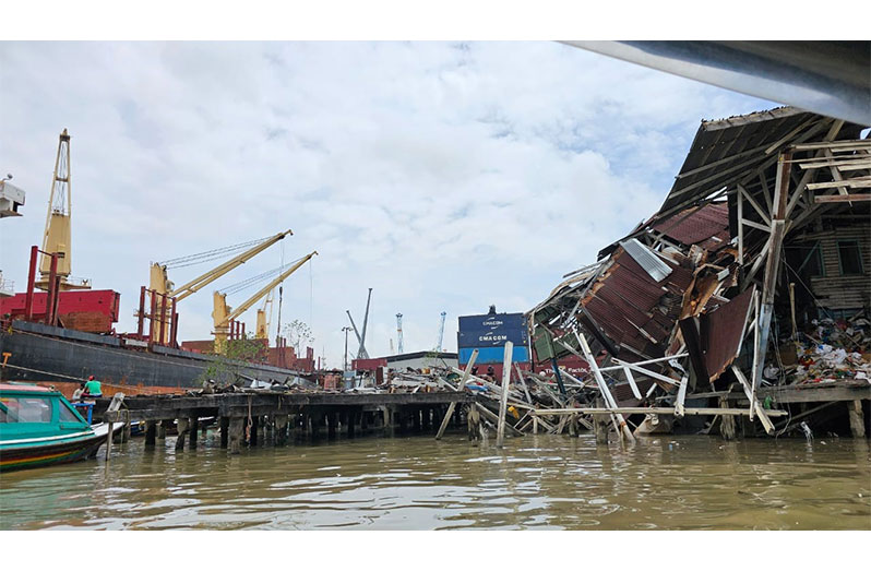 A portion of the roof covering a wharf aback the Stabroek Market which collapsed on Wednesday morning (Cindy Parkinson photo)