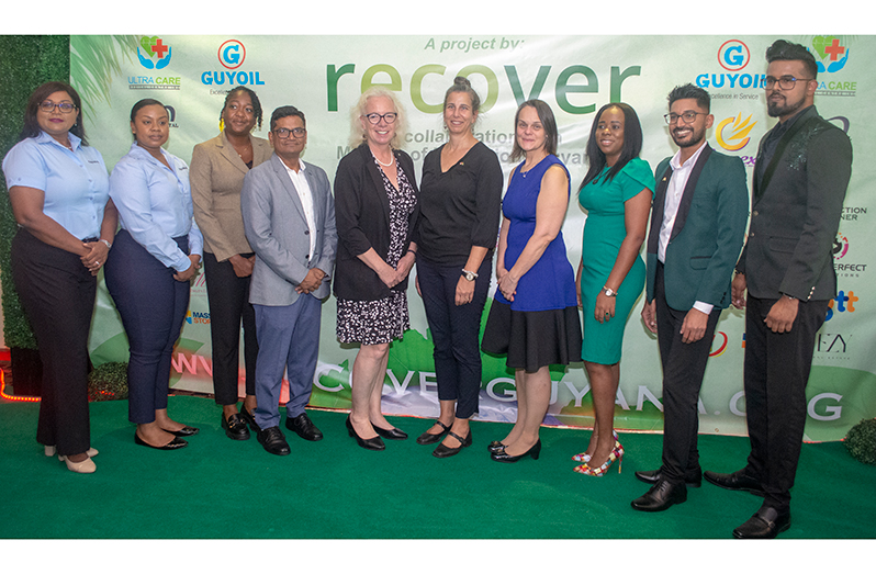 UK Ambassador Jane Miller, Founder and President of Recover Guyana, Dr. Dave Lalltoo (second from right), other members of the diplomatic community, representatives from Recovery Guyana, and representatives from ExxonMobil  
Photo credit: Japheth Yohan 