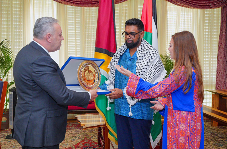 President Dr. Irfaan Ali received a courtesy call from non-resident Palestinian Ambassador Dr Linda Sobeh-Ali; and Head of the Palestinian International Cooperation Agency (PICA) and Assistant Minister for International Cooperation, Ambassador Imad Al-Zuhairi at State House on Monday (Office of the President photo)