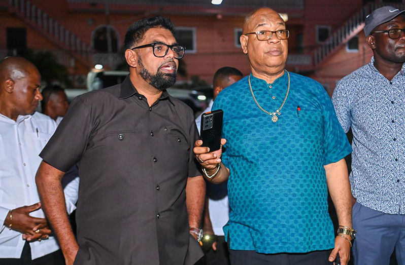 President Dr. Mohamed Irfaan Ali, and Minister of Public Works Bishop Juan Edghill on Thursday inspected construction works on the Conversation Tree to Dennis Street four-lane road (Office of the President photos)