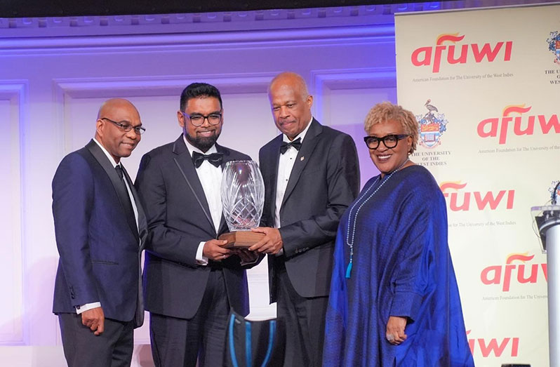 Guyana’s President Dr. Irfaan Ali moments after receiving the prestigious UWI American Foundation Legacy Award (OP photo)