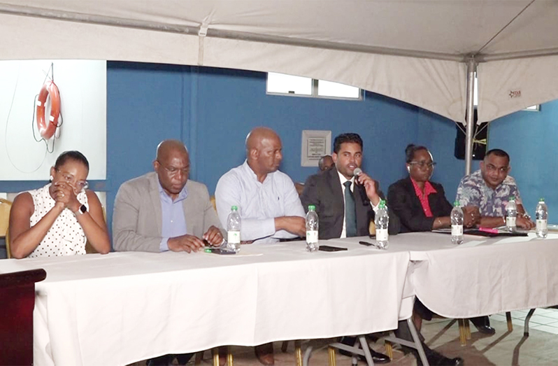 (left to right) NSC Vice-Chairperson, Cristy Campbell; Director Of Sport, Steve Ninvalle; GOA President, Godfrey Munroe; Minister Charles Ramson Jr, Assistant Director of Sport, Melissa Dow-Richardson and NSC member Chateram Ramdihal
