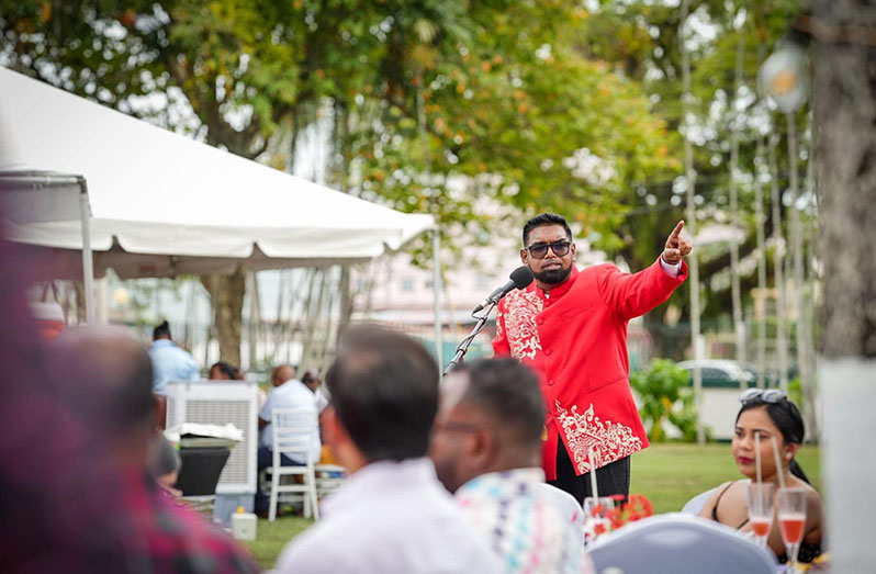 President Dr Irfaan Ali speaking at the Labour Day brunch (Office of the President photo)