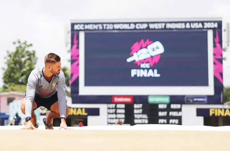 Aiden Markram inspects the Barbados pitch ahead of the final against India•Jun 28, 2024•ICC/Getty Images