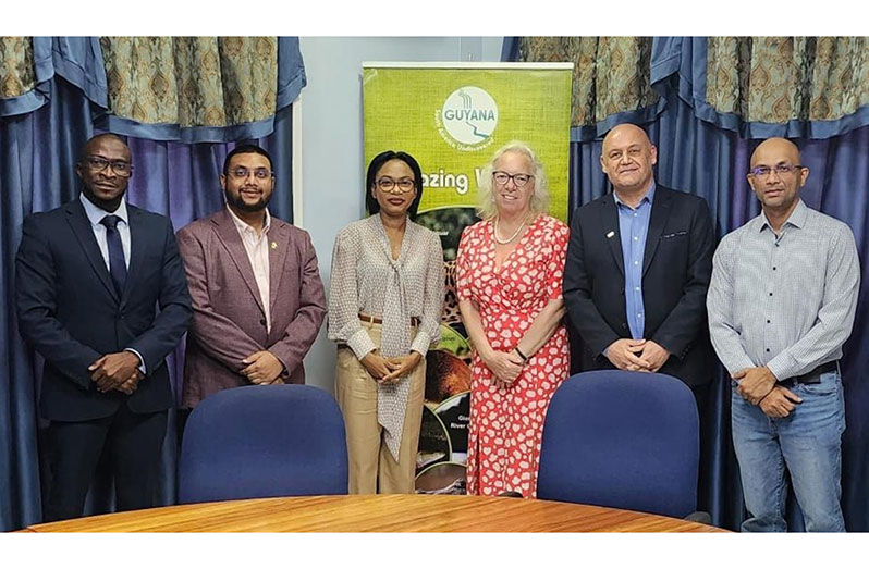 From left to right, Sherwyn Naughton of the British High Commission, Kamrul Baksh of the Guyana Tourism Authority, Oneidge Walrond, Minister of Tourism, Industry and Commerce, Jane Miller OBE, British High Commissioner to Guyana, Steve Beckworth of CTH, and Dr. Vishnu Doerga of ActionINVEST Caribbean