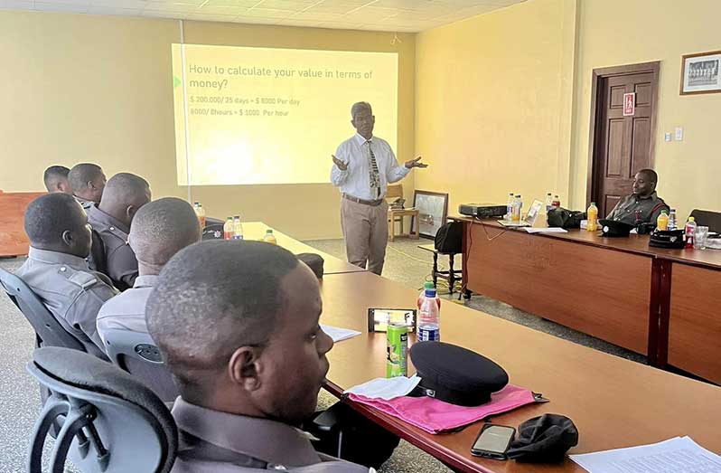 Senior Psychologist at the Ministry of Health’s Mental Health Unit, Dr. Anand Arulsamy addressing firemen during the mental health seminar