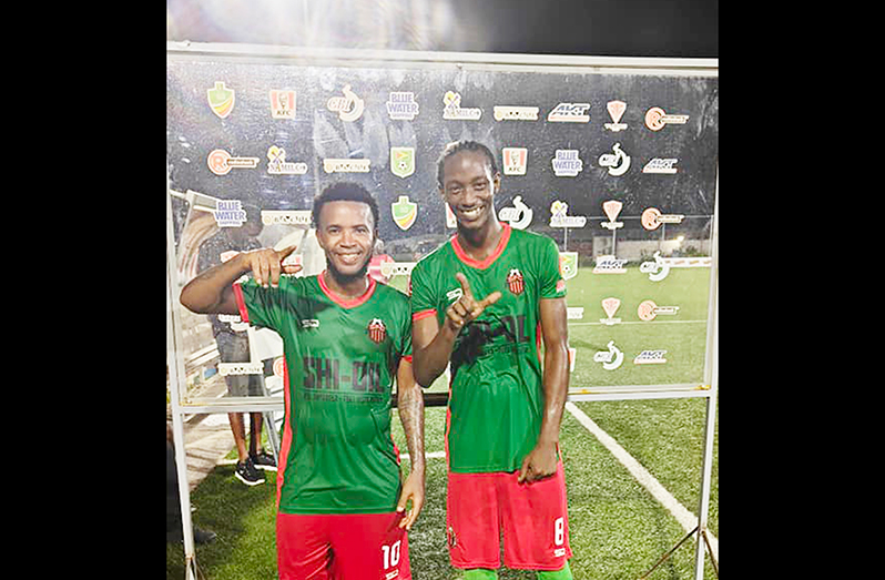 Slingerz FC goal scorers (from left) Kemar Beckford and Sheldon Holder