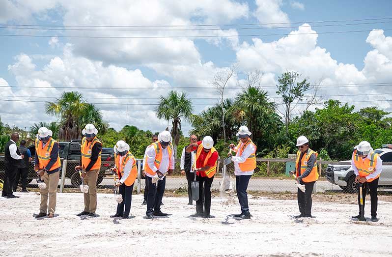 President, Dr Irfaan Ali (fourth from right) along with Prime Minister Brigadier Ret’d, Mark Phillips (fourth from left) and ministers of the government and contractors turned the sod for the reconstruction of the Soesdyke-Linden Highway (Delano Williams photos)