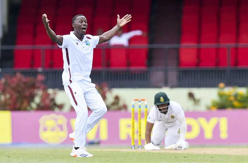 Shamar Joseph trapped Temba Bavuma with a scrambled-seam delivery•Aug 15, 2024•AFP/Getty Images in their 10th series against West Indies