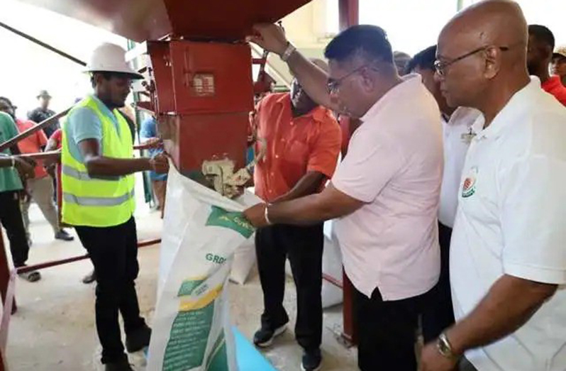 Minister Mustapha and technical officers filling a bag with rice paddy