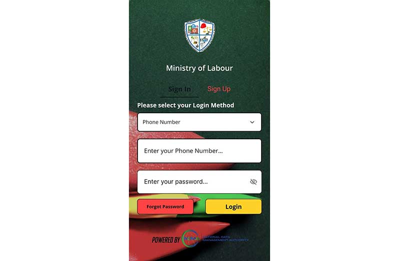 Log-in screen for the Labour Advice Mobile Application