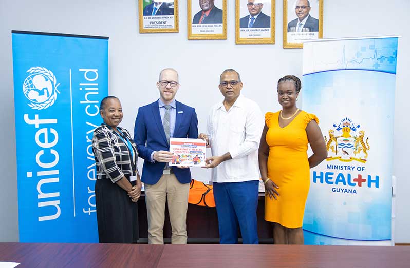 Minister of Health, Dr Frank Anthony, Deputy Representative (ag), Mr Gabriel Vockel and other members receiving the donation