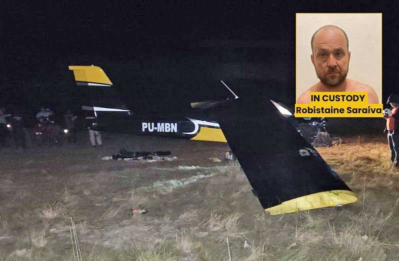 The Islander aircraft, bearing Brazilian registration #PU-MBN, that was intercepted by the police, and Brazilian gold miner Robistaine Peixoto Saraiva, who is in police custody