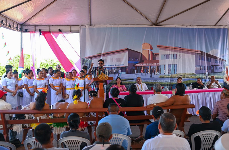 President Ali delivering remarks at the sod-turning ceremony for the Lethem Regional Hospital. Also pictured is a group of nursing students and an artist’s impression of what the $6.5B healthcare facility is expected to look like when construction works have been completed (DPI photos)